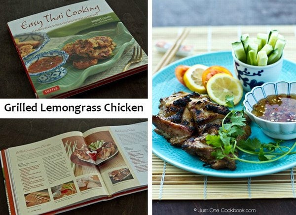 Cooking book and Grilled Lemongrass Chicken on a table.
