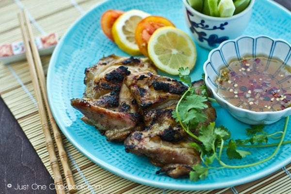 Grilled Lemongrass Chicken, salad and sauce on a plate.