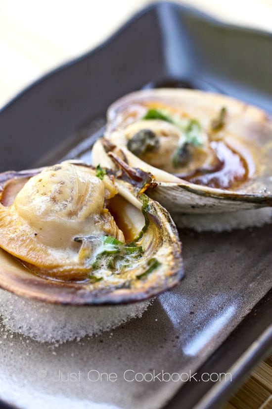 Grilled Little Neck Clams | JustOneCookbook.com Grilled Little Neck Clams on a salt.