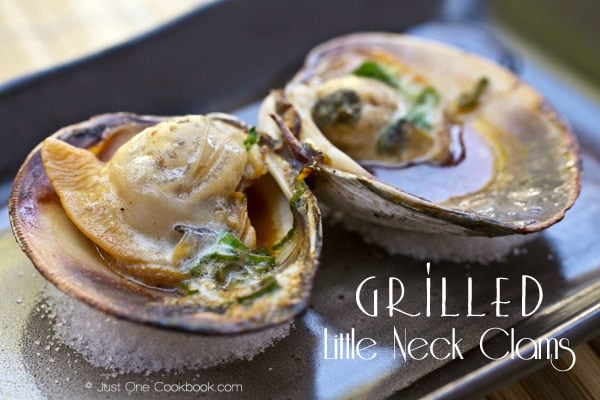 Grilled Clams Recipe | JustOneCookbook.com Grilled Clams on salt.