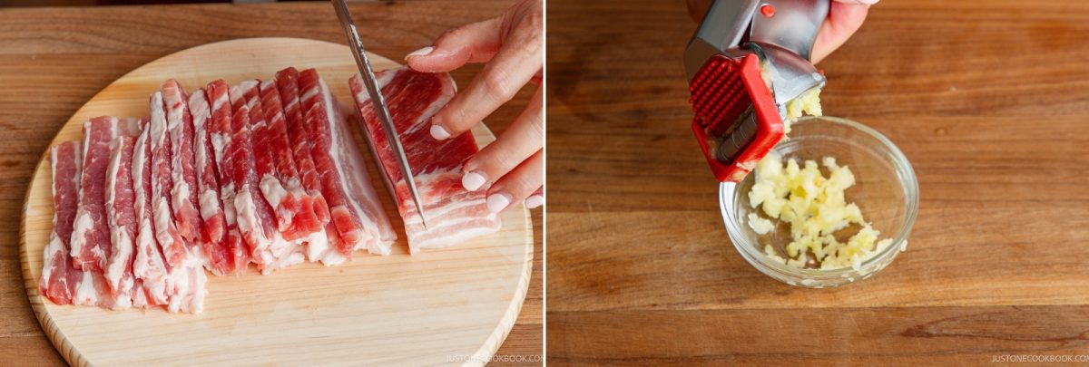 A chef slicing honey pork belly on a wooden board and a garlic press mincing garlic into a glass bowl.