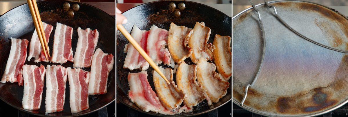 A triptych showing raw honey pork belly strips being placed in a skillet, the bacon browning as it is flipped with chopsticks, and a wire mesh splatter guard covering the pan.