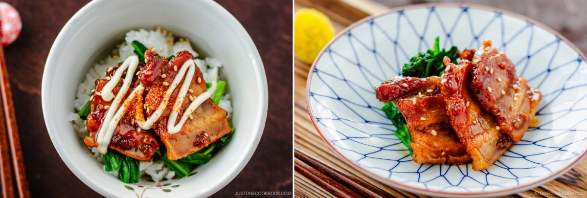 Two plates of Japanese-style honey pork belly: one served over rice with greens and mayonnaise drizzle, the other with greens on a patterned plate, both garnished with sesame seeds.