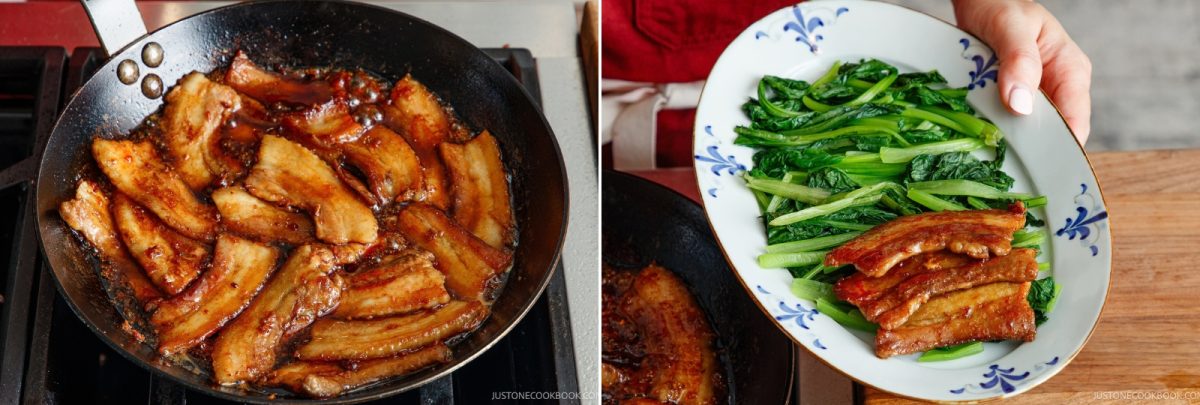 A side-by-side view showing thin strips of honey pork belly browning in a skillet on the left, and a platter of the cooked pork belly served with blanched greens on the right.