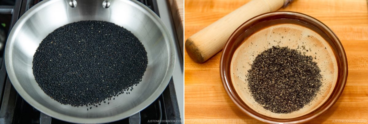 Left: Black sesame seeds in a stainless steel pan on a stove. Right: Ground black sesame seeds in a ceramic bowl with a wooden pestle on a wooden surface—perfect for making rich, nutty black sesame ice cream.