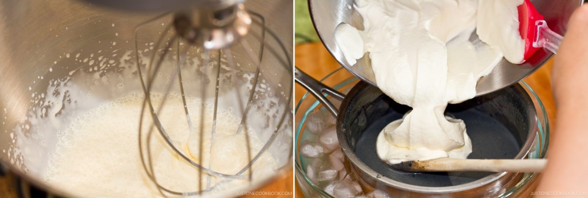 Left: Electric mixer whisking a foamy liquid in a metal bowl. Right: Thick cream for black sesame ice cream being poured through a mesh strainer set over a bowl of ice, with a spatula and wooden spoon visible.