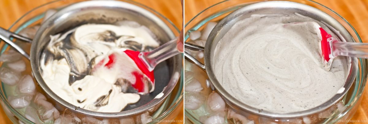 Two side-by-side images show black sesame ice cream cream being mixed with a red spatula in a metal bowl over ice. Left: partially mixed; right: fully blended, pale gray mixture.