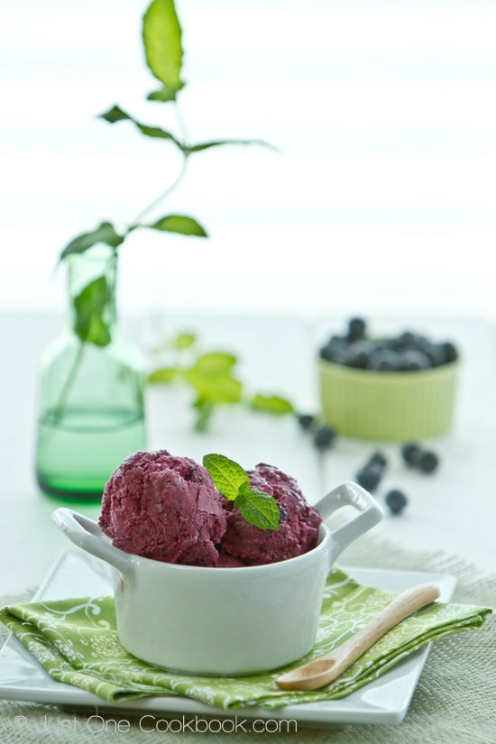 Blueberry Frozen Yogurt | Just One Cookbook Blueberry Frozen Yogurt in a white cup on a white table.