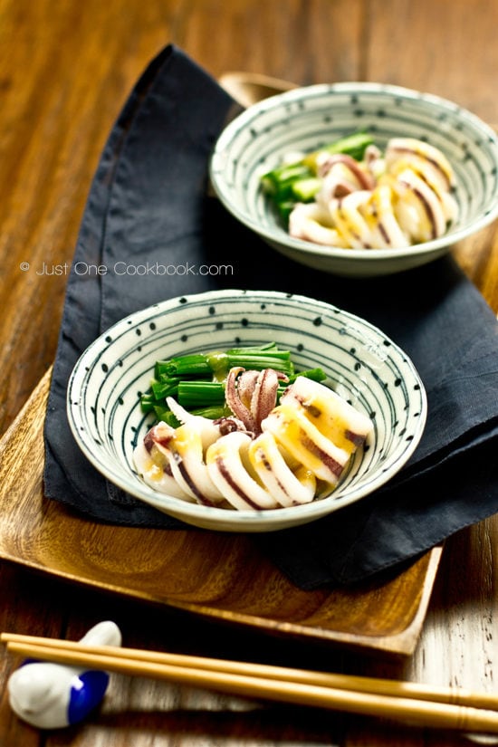Boiled Squid with Miso Vinaigrette | Just One Cookbook Boiled Squid with Miso Vinaigrette in bowls.