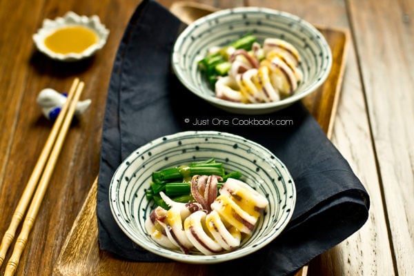 Boiled Squid with Miso Vinaigrette in bowls.