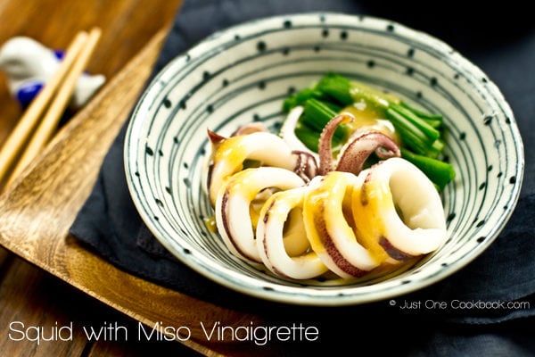 Boiled Squid with Miso Vinaigrette Recipe | JustOneCookbook.com Boiled Squid with Miso Vinaigrette in a small bowl.