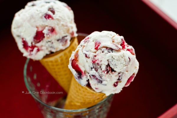 Cherry Ice Cream in cones.