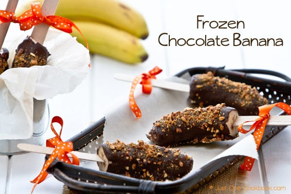Frozen Chocolate Banana in a basket.