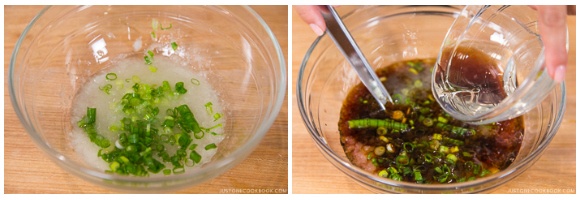 chopped green onion, soy sauce, sake, honey, and ketchup in a glass bowl
