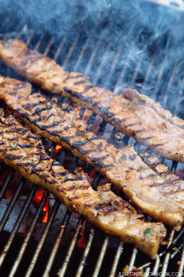 BBQ Pork Belly on BBQ grill.