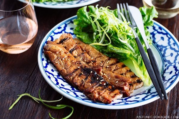 BBQ Pork Belly and salads on the plate.