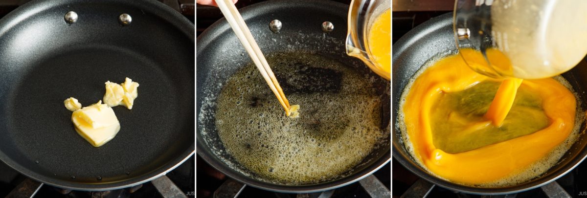 Three-panel image: butter melting in a skillet, butter fully melted while being stirred, and beaten eggs—perfect for omurice—being poured into the hot skillet.