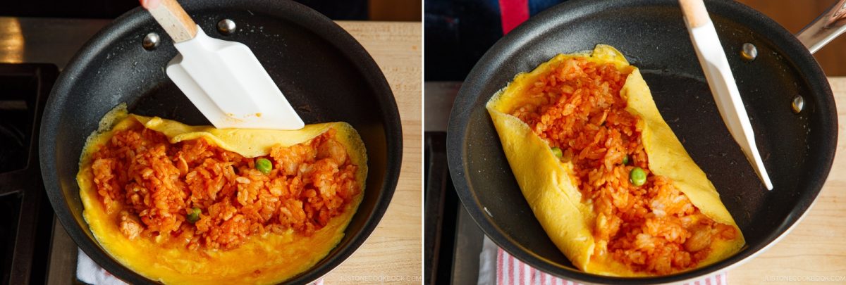 A two-panel image shows a spatula folding an omurice omelette filled with fried rice and green peas in a black skillet on a stovetop.