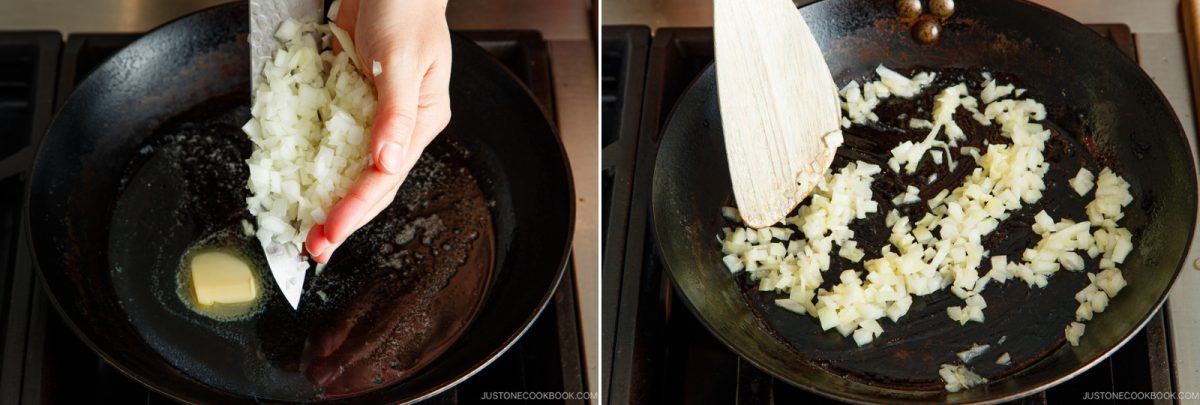 Two images: onions being added to a pan with melted butter on the left, then being stirred with a spatula while sautéing on the right—the perfect first steps for making savory omurice.