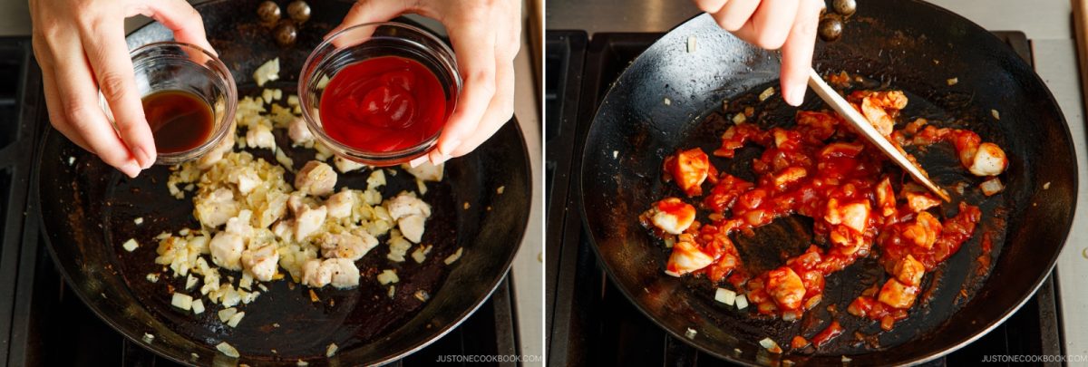 Two images show hands adding soy sauce and ketchup to cooked chicken and onions in a skillet, then stirring the ingredients together while cooking on a stovetop—preparing the classic filling for omurice.
