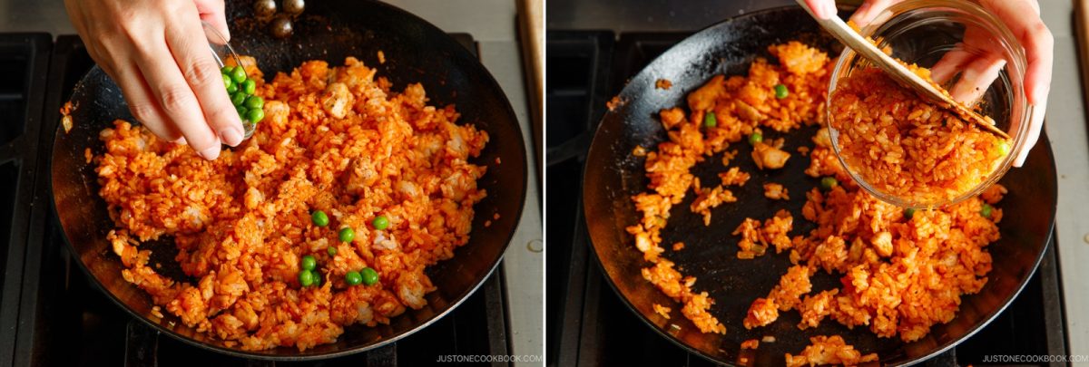 A hand adds green peas to red fried rice in a pan, reminiscent of the classic omurice filling, and in the next frame, more rice is poured into the same pan.