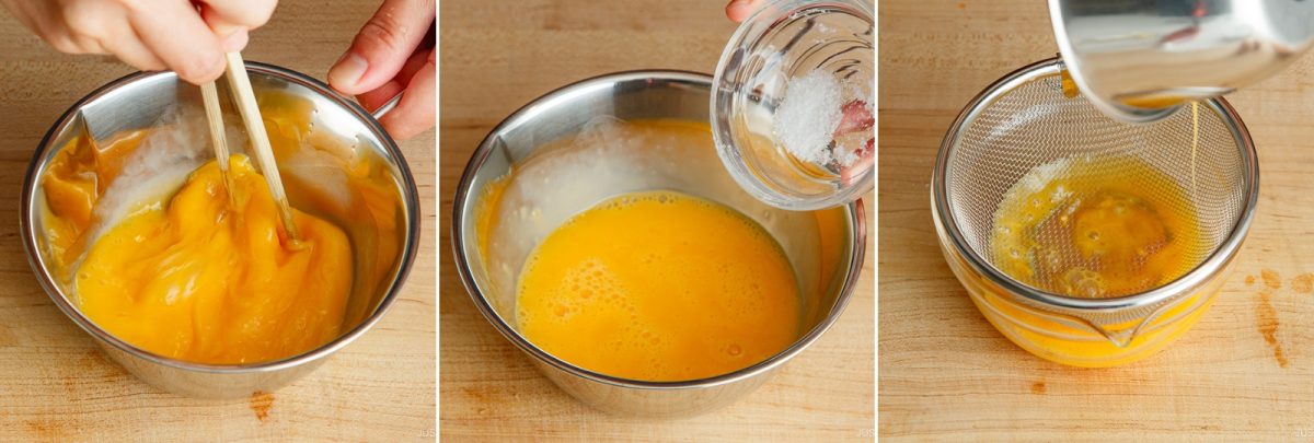 Three-panel image: whisking egg yolks in a bowl, adding sugar to beaten yolks, then pouring the mixture through a fine mesh strainer into another bowl on a wooden surface—techniques commonly used when preparing a silky omurice omelet.