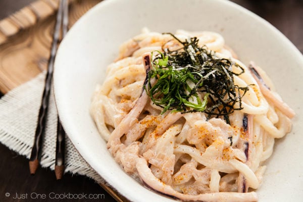 Mentaiko Udon in a bowl.