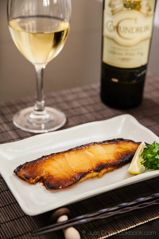 Miso Chilean Sea Bass | Just One Cookbook.com Miso Chilean Sea Bass with a glass of wine.