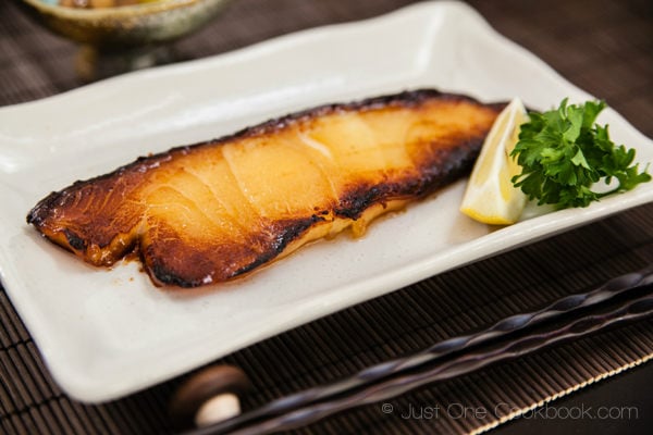 Miso Chilean Sea Bass on a white plate.