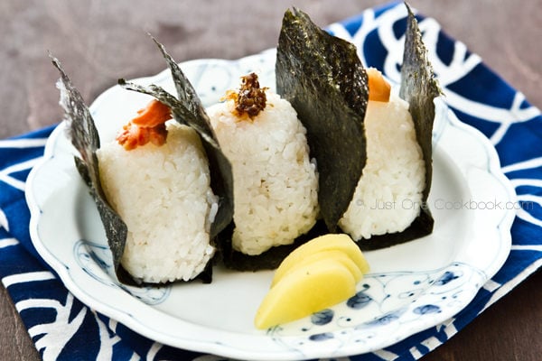 Onigiri, rice ball on a plate.