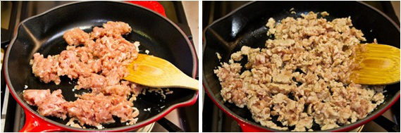 ground chicken stir-fried in a pan
