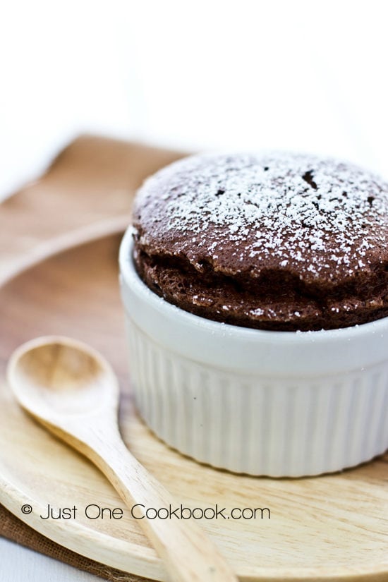 Chocolate Souffle in a white cup.