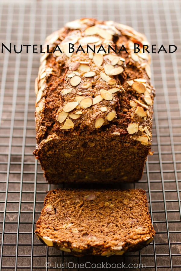 Nutella Banana Bread on a baking wire rack.