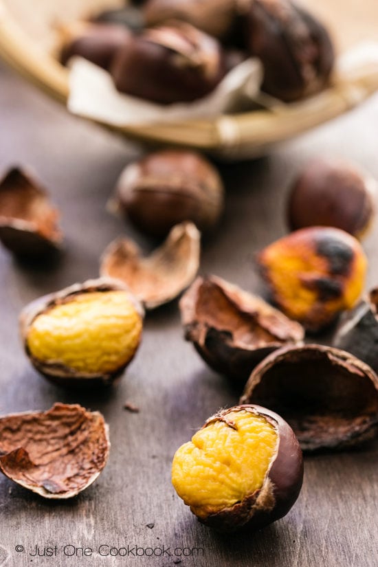 Roasted Chestnuts on a wooden table.