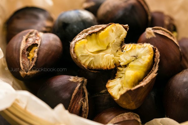 Roasted Chestnuts in a bamboo basket.