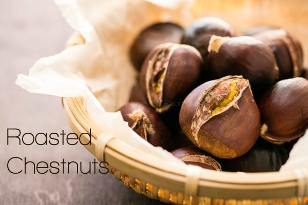 Roast Chestnuts in a bamboo basket. 