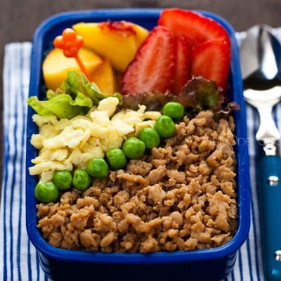 Soboro Bento with fresh fruits.