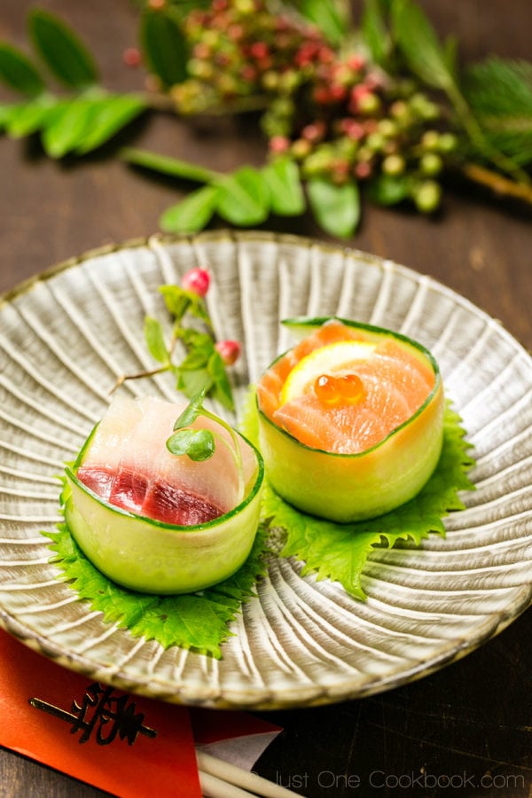 Cucumber Wrapped Sushi on a plate.