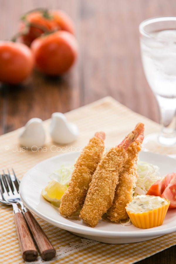 Tartar Sauce with Ebi fry on a white plate.