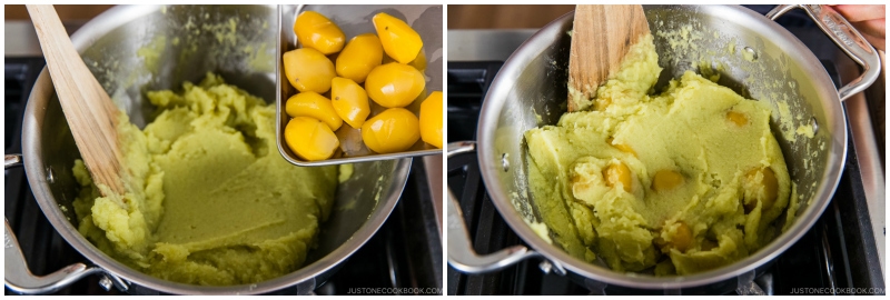 chestnuts being added to a metal pan on top of stove