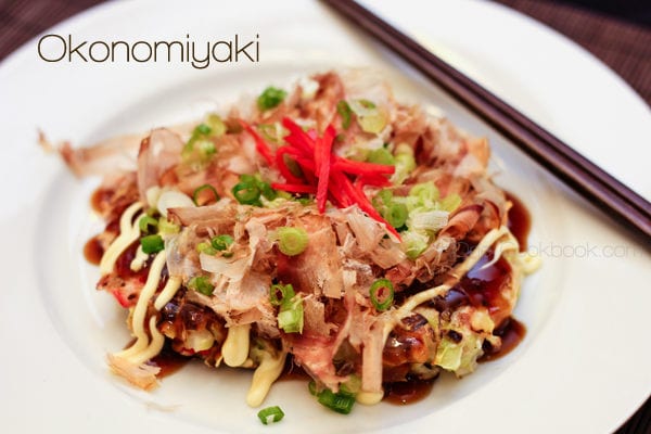 Okonomiyaki on a plate.