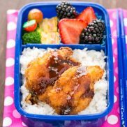 Chicken Katsu Bento with rice with tamagoyaki, broccoli and fruit.