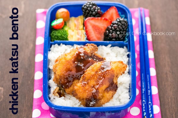 Chicken Katsu Bento with rice, egg, broccoli and fruit.