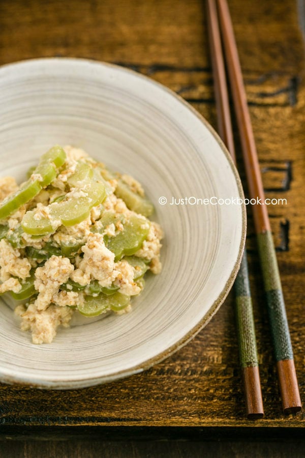 Bitter Melon Salad with tofu in a bowl.