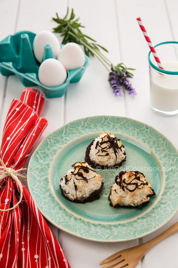 Coconut Macaroons | JustOneCookbook.com Coconut Macaroons on a plate and a glass of milk.