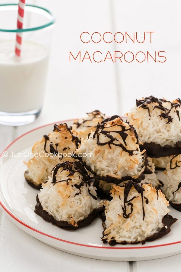 Coconut Macaroons | JustOneCookbook.com Coconut Macaroons on a plate and a glass of milk.