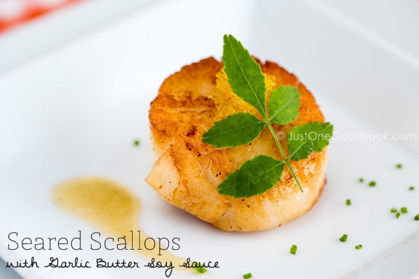 Seared Scallops on a white plate.