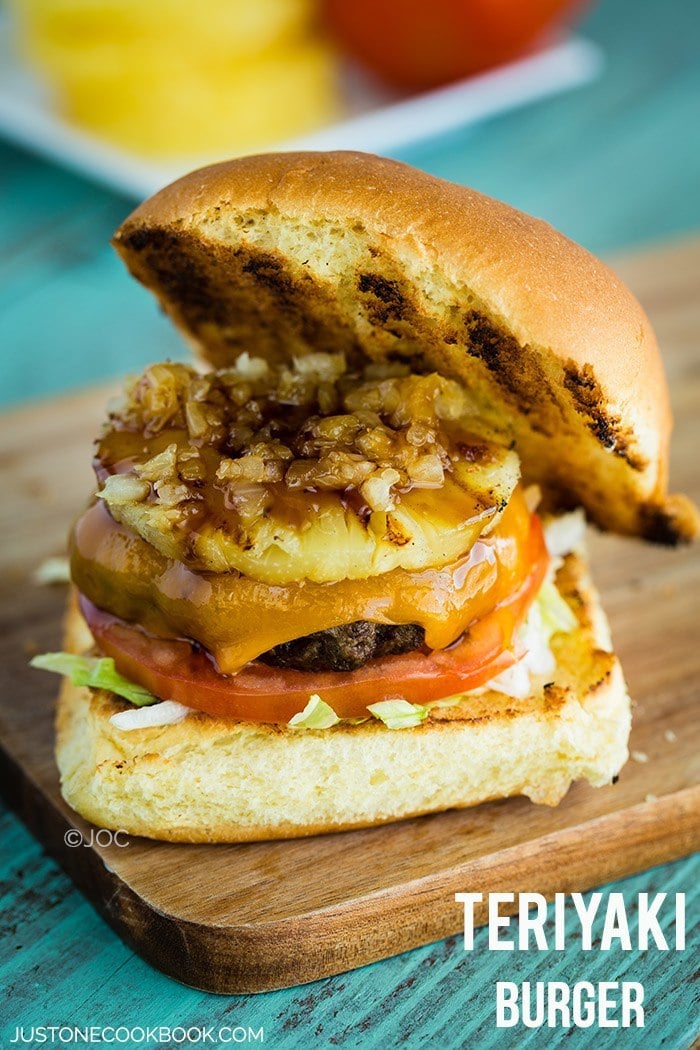 Teriyaki Burger on a wooden board.