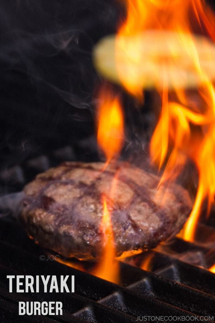 Teriyaki Burger on a grill. 