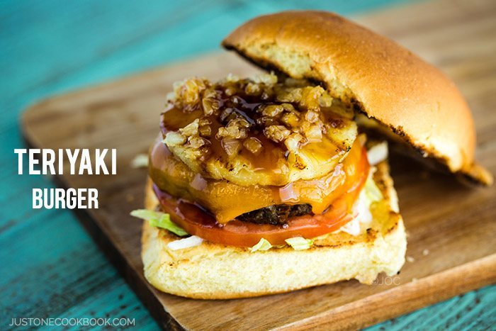 Teriyaki Burger on a wooden board.